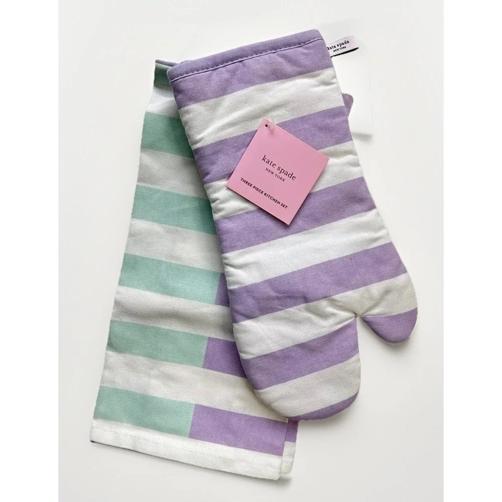 NWT Kate Spade 3 Piece Kitchen Set‎ / Pastel Springtime Stripes (Iced Grape)